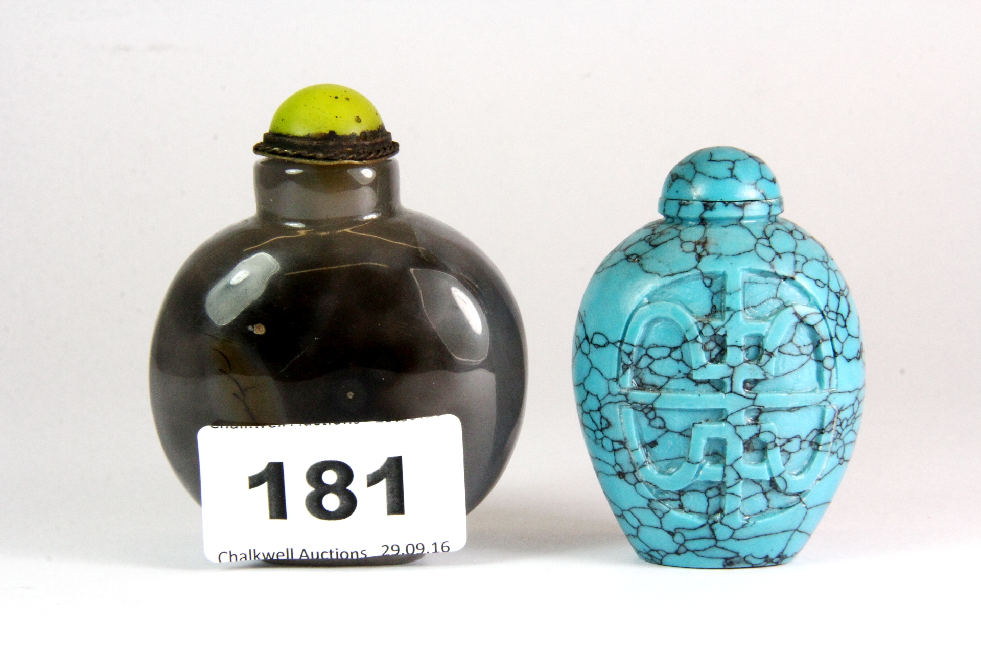 A unusual Chinese grey agate snuff bottle and a carved turquoise snuff bottle, H 6 & 7cm, Prov. - Image 2 of 2