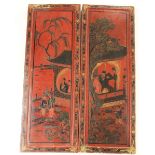 A pair of 19th century Chinese hand decorated wooden panels, 89 x 33cm.