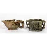 A 19th century Chinese carved soapstone jug and a carved soapstone two handled brush washing bowl