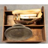 An oak book shelf, two silver plated trays and a leather briefcase and contents.