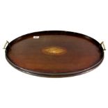 A lovely Edwardian shell inlaid mahogany tea tray, W. 60cm.