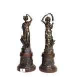 A signed pair of 19th century French Art Nouveau bronzed spelter figures on wooden bases, H. 41cm.