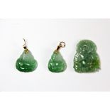 Three finely carved Chinese jadeite jade Happy Buddha pendants, largest 3.5cm. Private estate