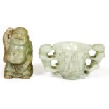 A Chinese carved nephrite jade two handled wine cup and a figure of the Happy Buddha, W. 9cm,