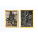 Two interesting carved horn and bone Chinese panels one depicting Shou Lao the other a sailing