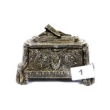 A 19th century French cast metal casket jewellery box, H. 10cm, W. 14cm.