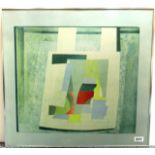 A framed lithograph depicting geometric shapes, 58 x 53cm.