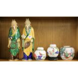 Two large mid 20th century Chinese glazed pottery figures and three ginger jars.