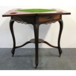 An early 20th century mahogany envelope games table, 54 x 54 x 72cm.