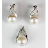 A 925 silver pendant and pair of earrings set with cultured pearls and cubic zirconia.