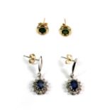 Two pairs of 9ct yellow and white gold earrings; one set with green stones and one set with oval cut