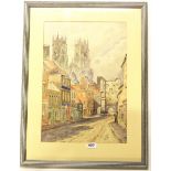 A framed watercolour of York Minster with partially obscured signature, 50 x 66cm.