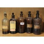 Five 19th century pharmacy bottles.