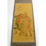 A large Chinese silk mounted scroll of an Emperor with advisors, W. 67cm.