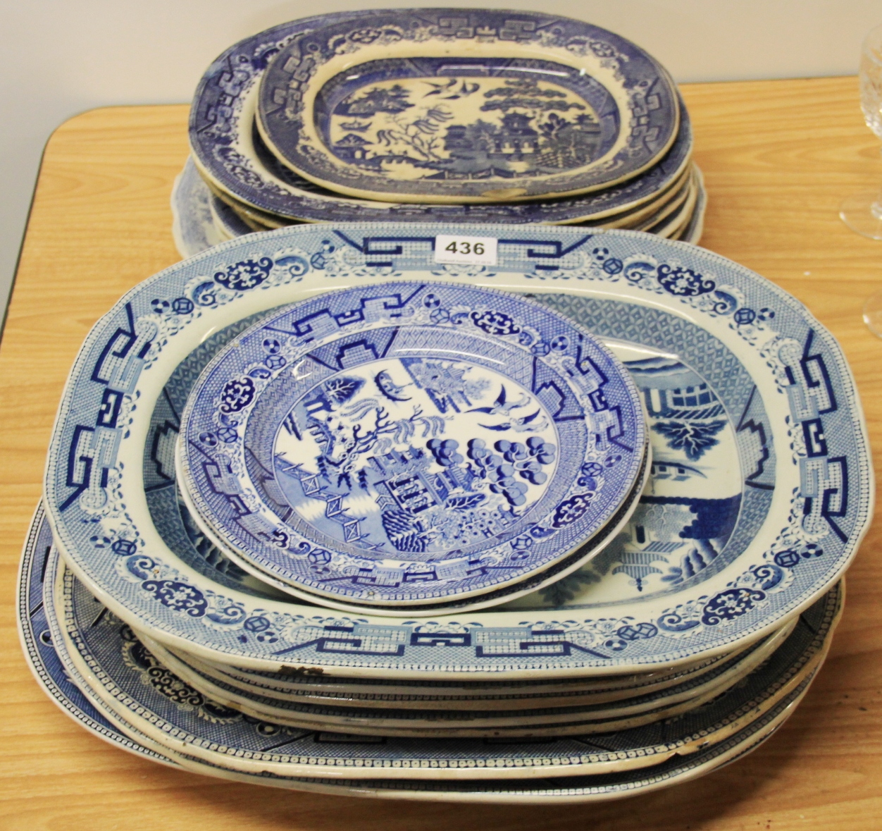 A quantity of Victorian blue and white meat plates, etc.