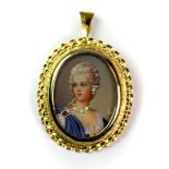 An 18ct yellow gold (stamped 750) mounted hand painted miniature portrait brooch/pendant, set with