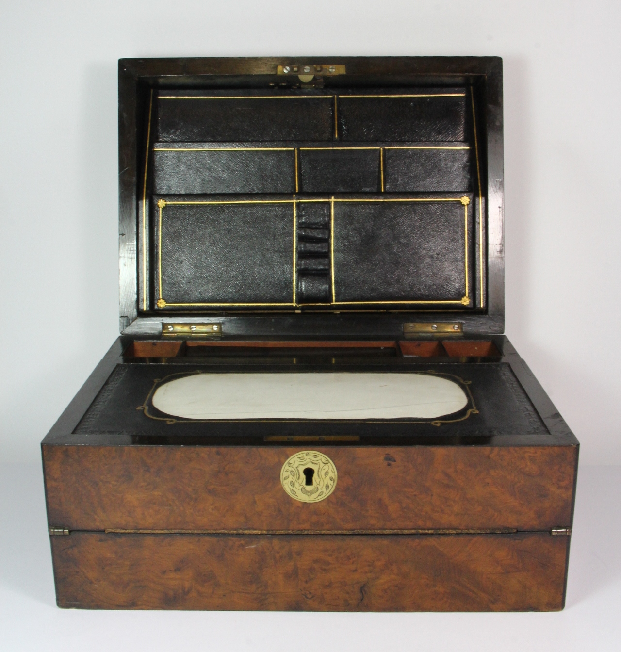 A 19th century burr walnut veneered three fold writing slope with leather interior presentation date - Image 4 of 4