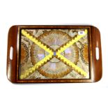 A 1930's inlaid mahogany and butterfly wing tea tray, 51 x 33cm.