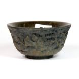 A Chinese carved and signed bamboo root wood bowl, Dia. 13cm, H. 7cm.