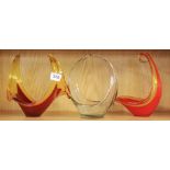 Two Murano red and yellow studio glass bowls, together with a clear, possibly Murano, glass bowl, H.