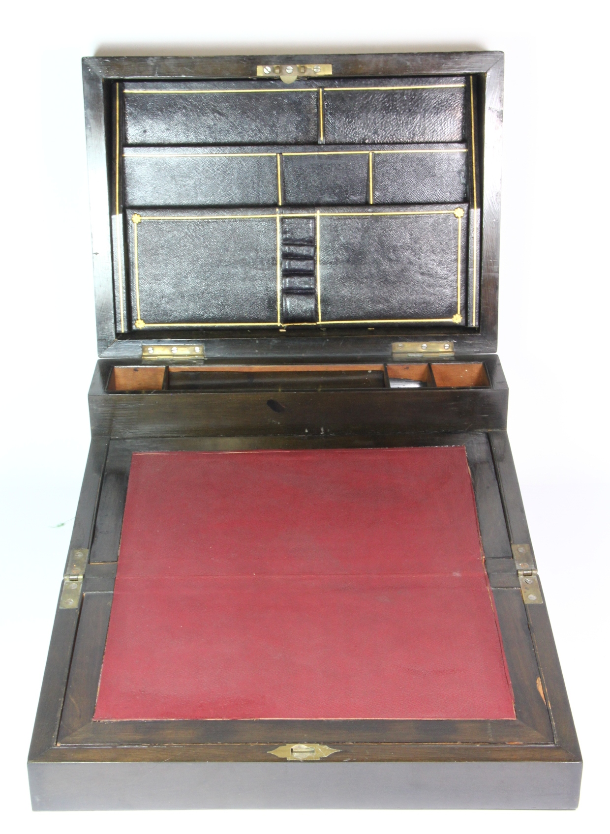 A 19th century burr walnut veneered three fold writing slope with leather interior presentation date - Image 2 of 4