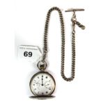 A hallmarked silver half hunter pocket watch and chain; the white enamel dial with black Roman