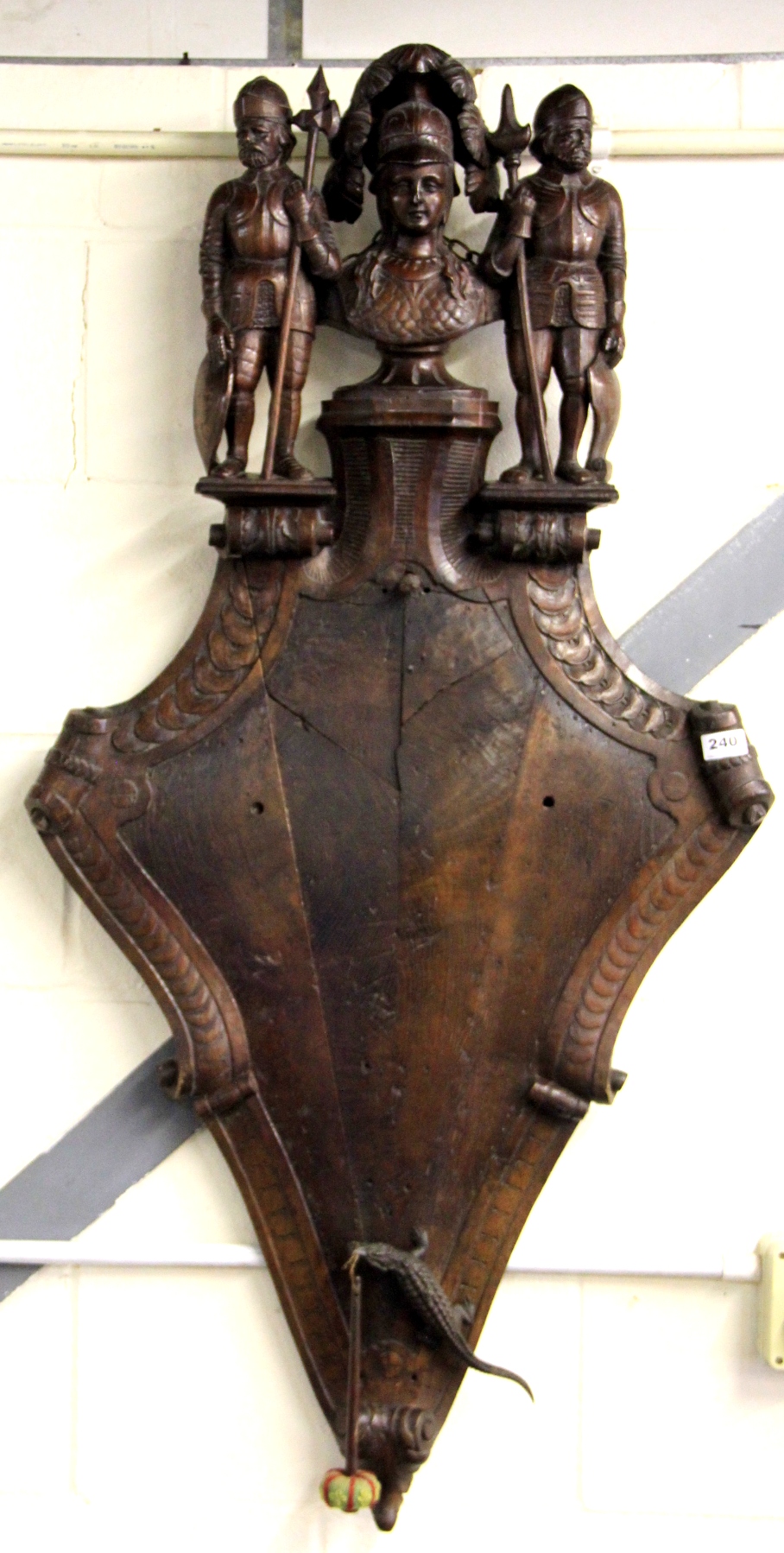 A large 19th century Austrian carved oak armorial wall mounted decoration featuring a later brass - Image 3 of 3