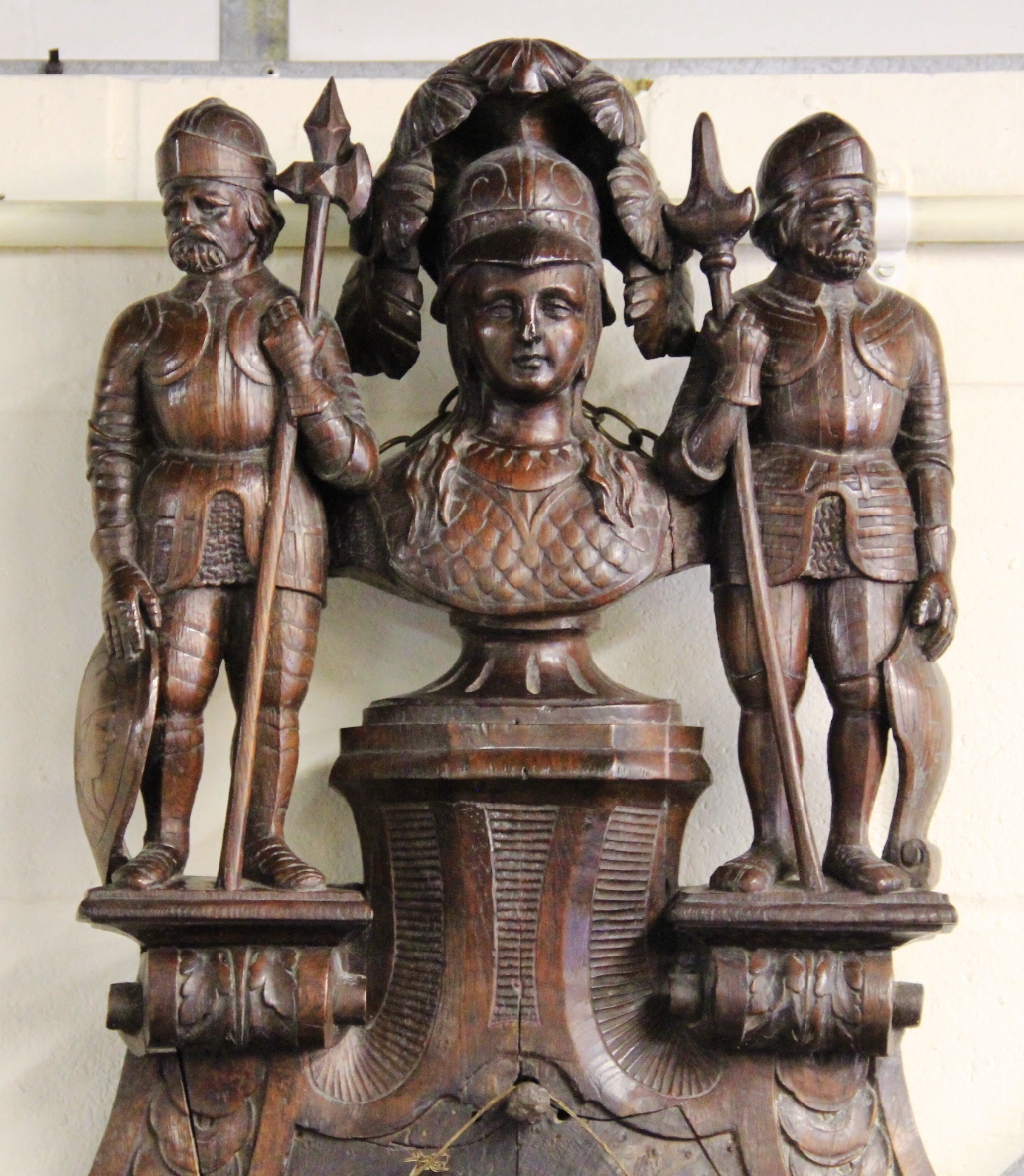 A large 19th century Austrian carved oak armorial wall mounted decoration featuring a later brass - Image 2 of 3