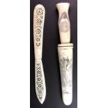 An early 20th century Chinese carved ivory paperknife and a later engraved bone paperknife.