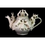 A rare South African Ardmore cream pottery glazed teapot by Nhlanhla Nsudwane (H. 29cm), spout to