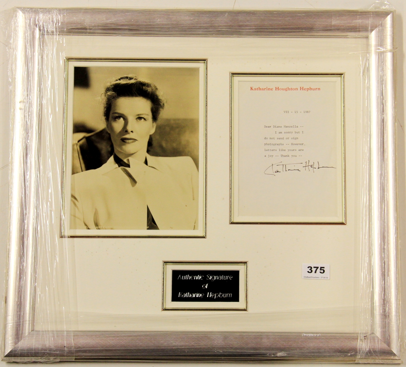A framed autographed signed letter by Katharine Hepburn with vintage photograph, 55 x 50cm.