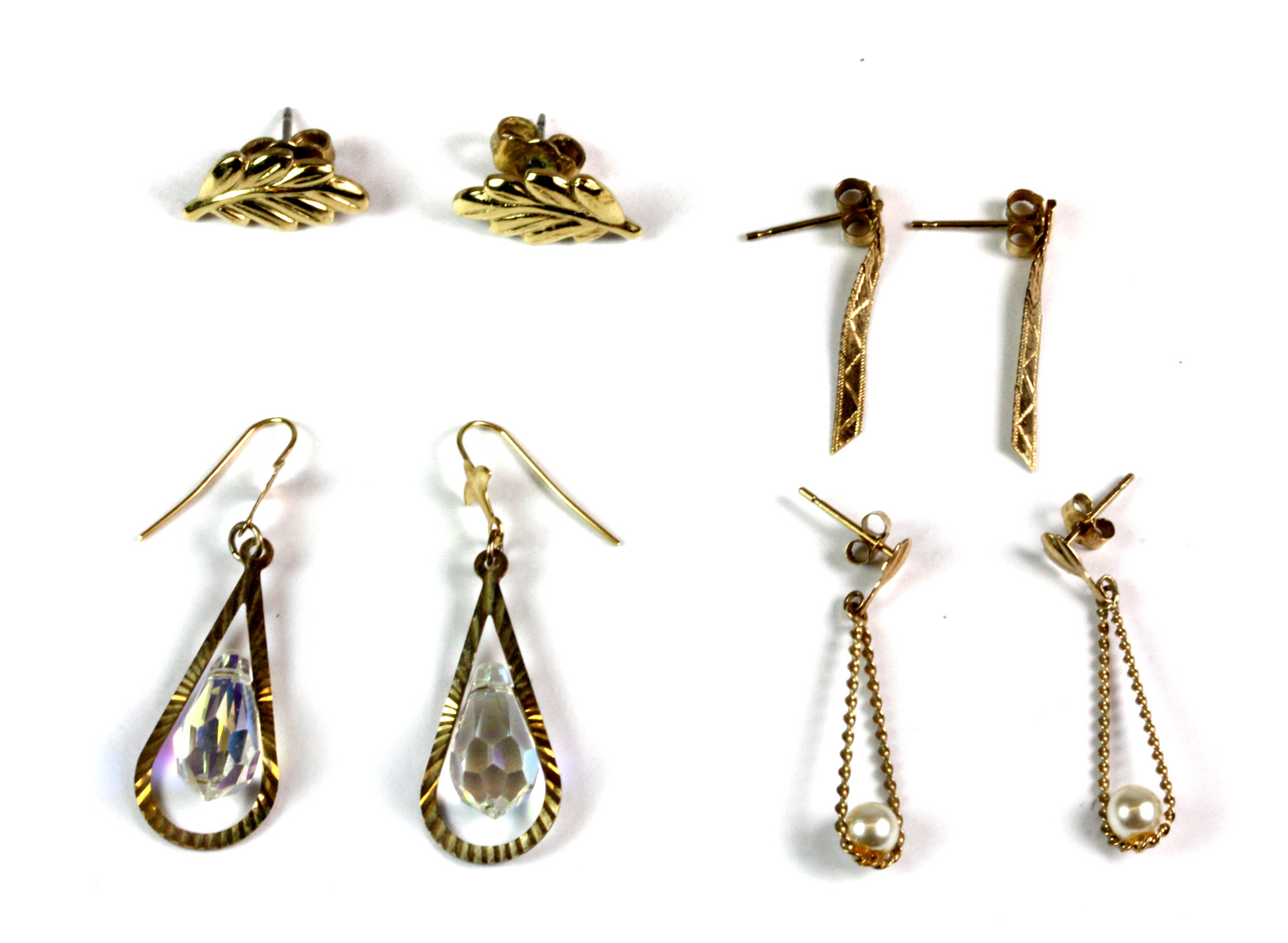 Three pairs of 9ct yellow gold earrings and a further pair of earrings.