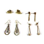 Three pairs of 9ct yellow gold earrings and a further pair of earrings.