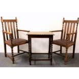 A pair of barley twist carver chairs and an oak barley twist side table.