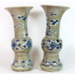 A pair of Chinese hand painted and crackle glazed porcelain Gu style vases, early to mid 20th