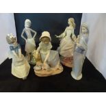 A collection of five figurines, to include: three Lladro and two Nao examples.