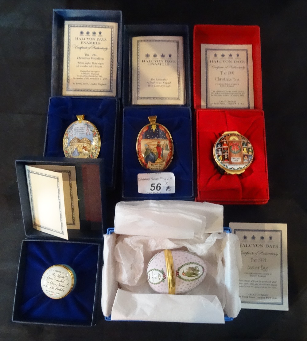 A collection of five Halcyon Days enamel boxes, to include: the 1991 Easter Egg,