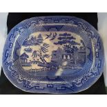 A large rectangular J. Meir & Sons blue and white meat plate in the Willow pattern (39 x 49cm).