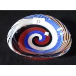 A 20th century Italian Dino Martens glass dish, having coloured swirl decoration (14cm x 17cm).