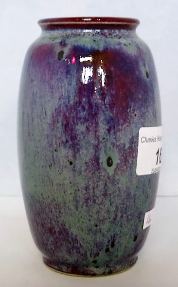 A Ruskin pottery vase of Ovoid form, decorated with a shaded mauve/turquoise souffle glaze,