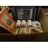 A mixed lot, including framed and glazed coloured engravings, commemorative mugs,