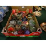 A box of paperweights, including: millefiore, Mdina and other weights, various.