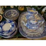 A mixed lot of 19th century and later blue and white transfer decorated ceramics,