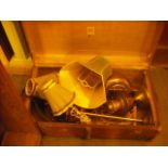 A canvas and wood bound trunk, containing various metalwares, including: Victorian copper kettle,