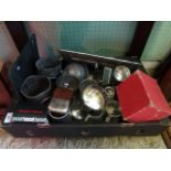 A box of 19th century and later pewter and other metalwares, including: wine coasters, tankards,