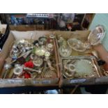 Two boxes containing a good quantity of silver plate, various, including: table candlesticks,