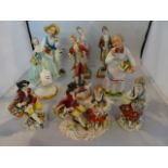 Nine Continental porcelain figures, including: a pair of Naples figures of a young man and lady,