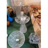 A small mixed lot of cut and moulded glassware, including: loop handled basket, trumpet shape vases,