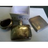 A silver hip flask, cigarette case and bun form ashtray, various dates and makers.