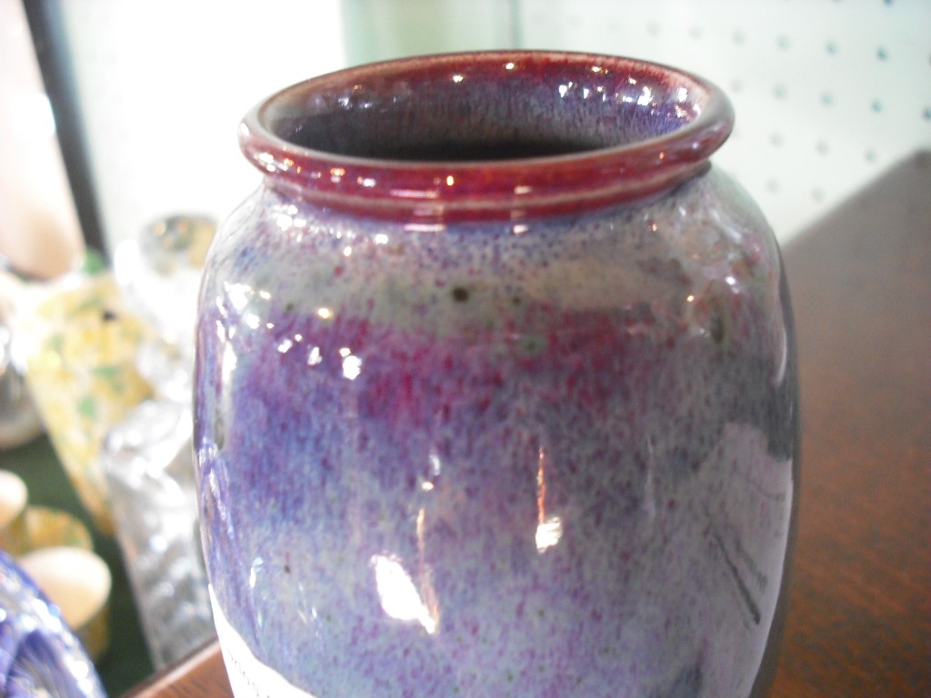 A Ruskin pottery vase of Ovoid form, decorated with a shaded mauve/turquoise souffle glaze, - Image 3 of 10